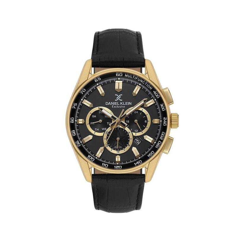Daniel Klein Exclusive Men’s Multifunction Gold-Tone Black Leather Strap Watch