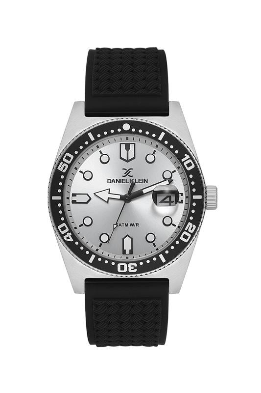 Daniel Klein Men’s Diver-Inspired Silver Dial Watch with Black Silicone Strap